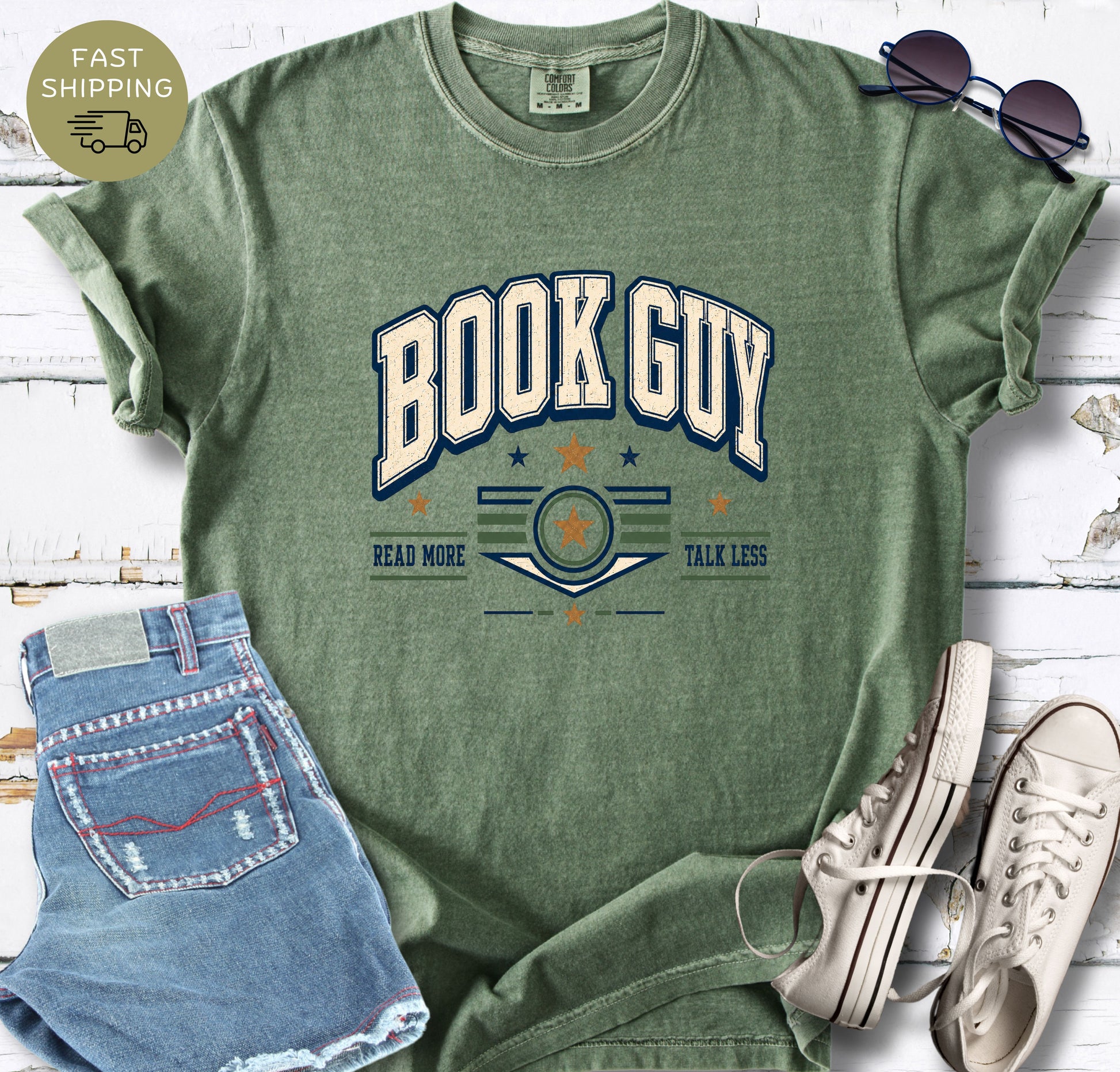 Vintage style book lover shirt with Book Guy and star graphic