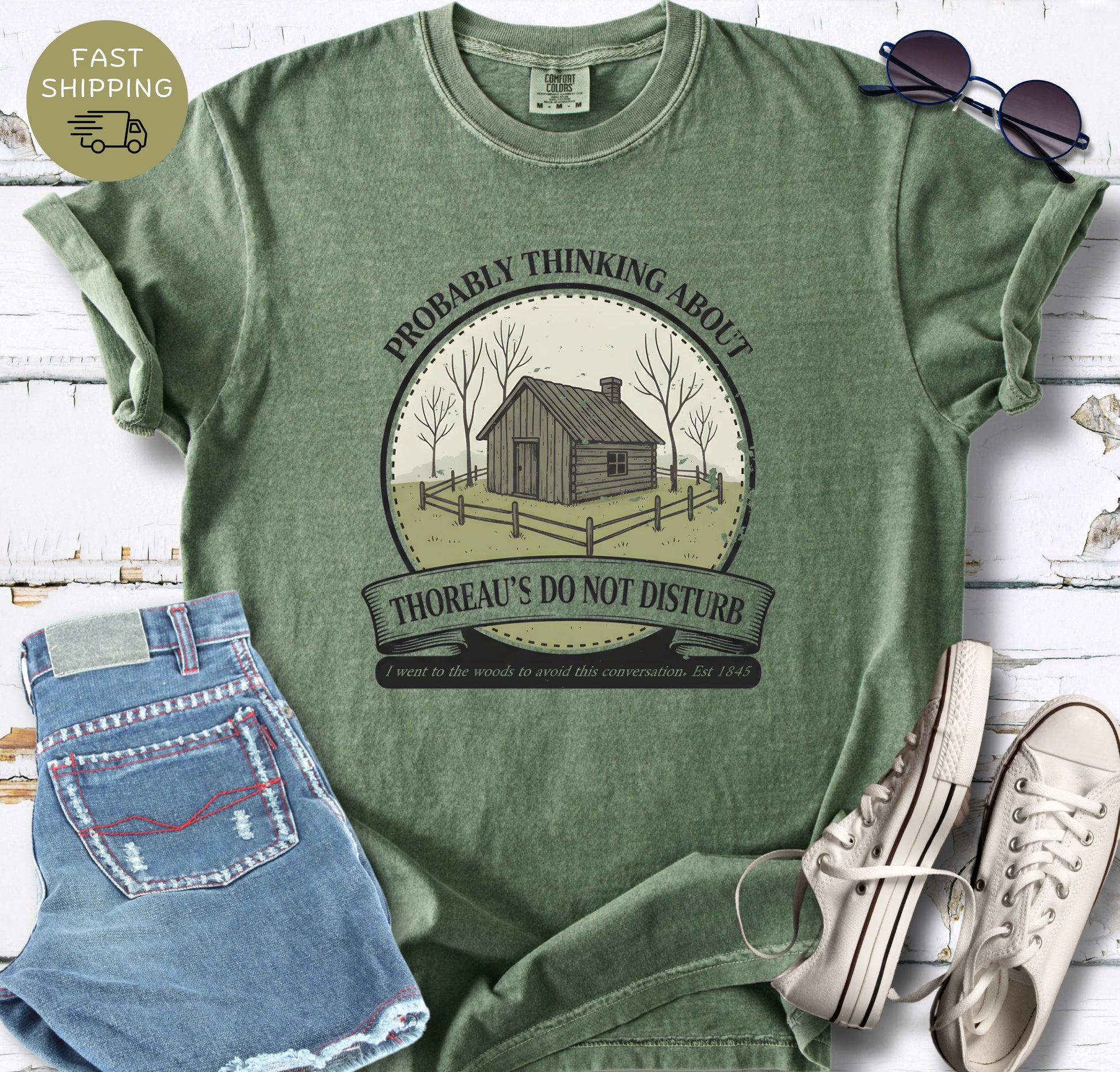 Introvert reader shirt with woodland cabin illustration and literary theme