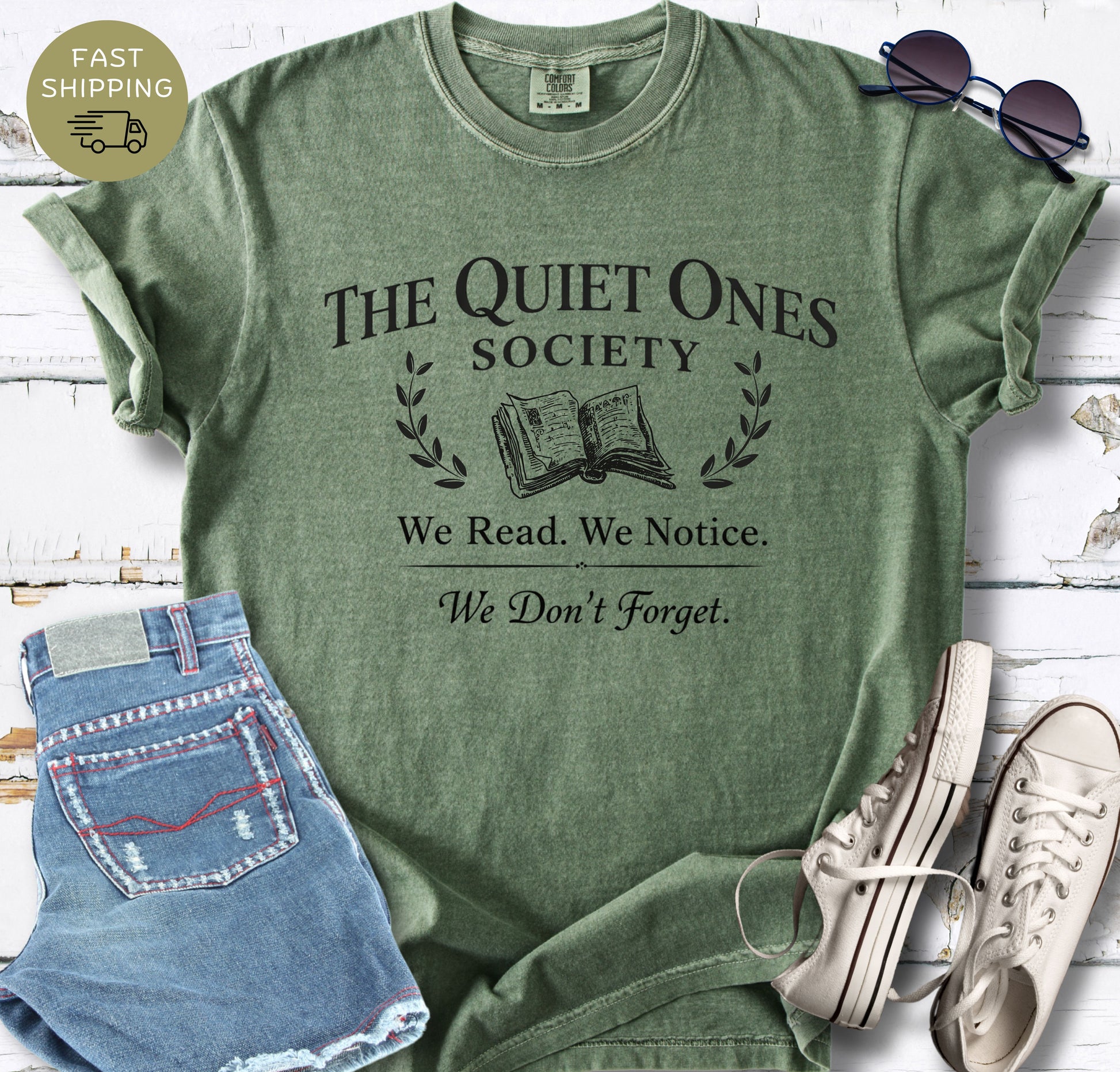 Quiet readers society t-shirt aesthetic with book emblem and classic type