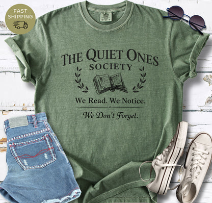 Quiet readers society t-shirt aesthetic with book emblem and classic type