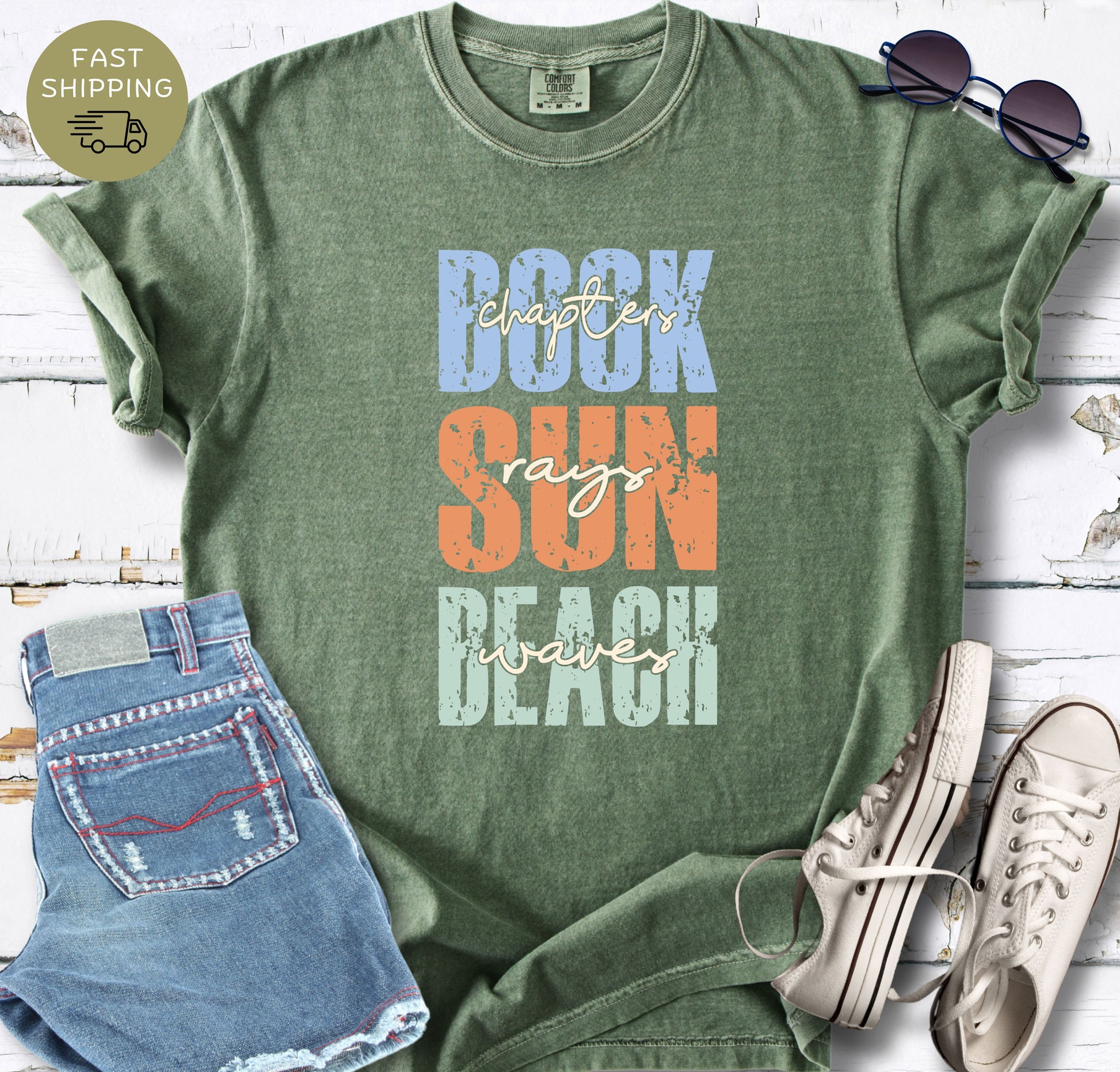 Relaxed fit beach reading tee with colorful stacked typography