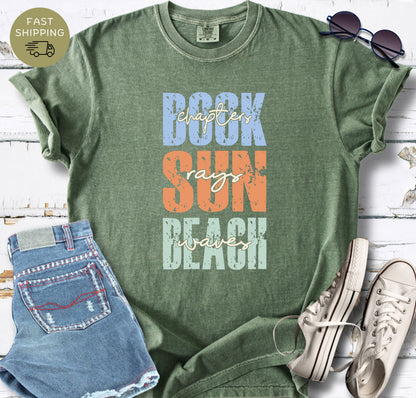 Relaxed fit beach reading tee with colorful stacked typography