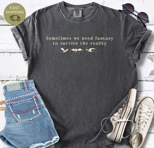 Pepper Comfort Colors t-shirt with fantasy book quote and small dragon illustrations.