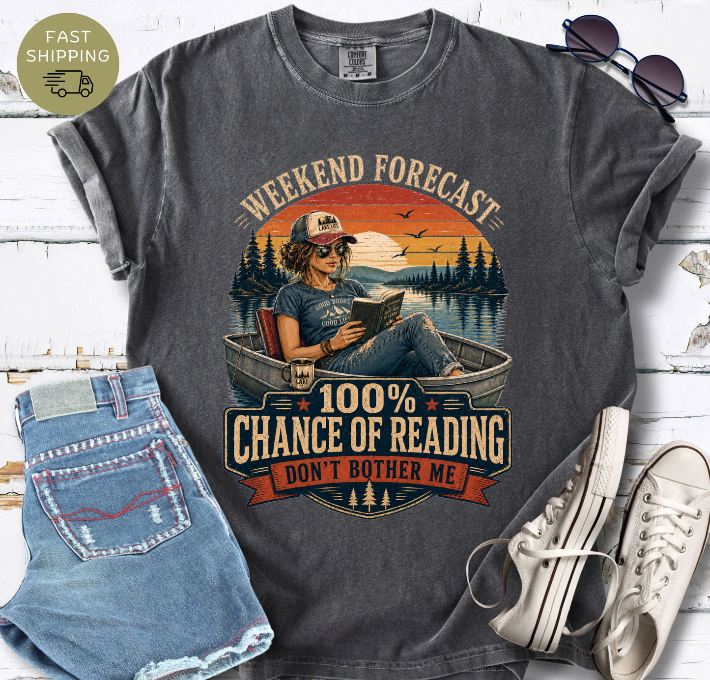 Pepper Comfort Colors T-shirt featuring the phrase “Weekend Forecast 100% Chance of Reading Don’t Bother Me.”