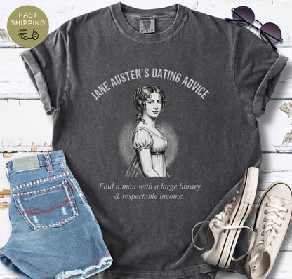 Jane Austen inspired book lover shirt in Pepper garment dyed cotton