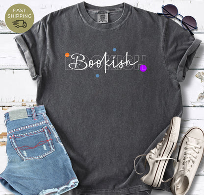 Comfort Colors graphic T-shirt for book lovers featuring a clean and stylish “Bookish” design.