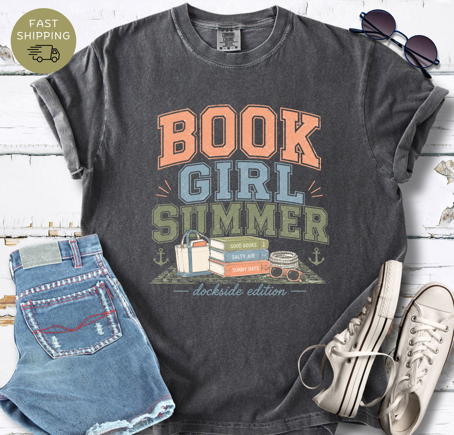 Vintage style coastal bookish t-shirt with sunny day reading design