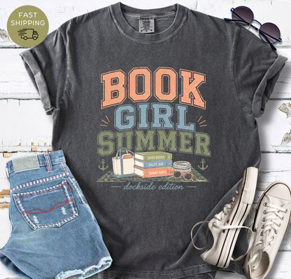 Vintage style coastal bookish t-shirt with sunny day reading design