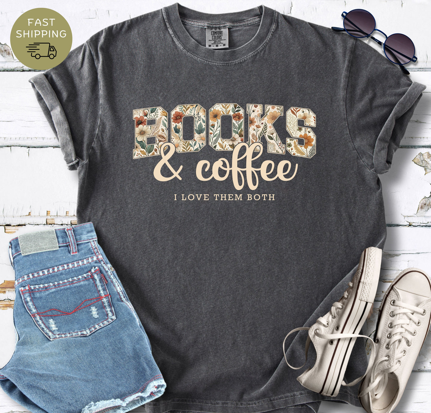 Cozy reading and coffee themed t-shirt for bibliophiles