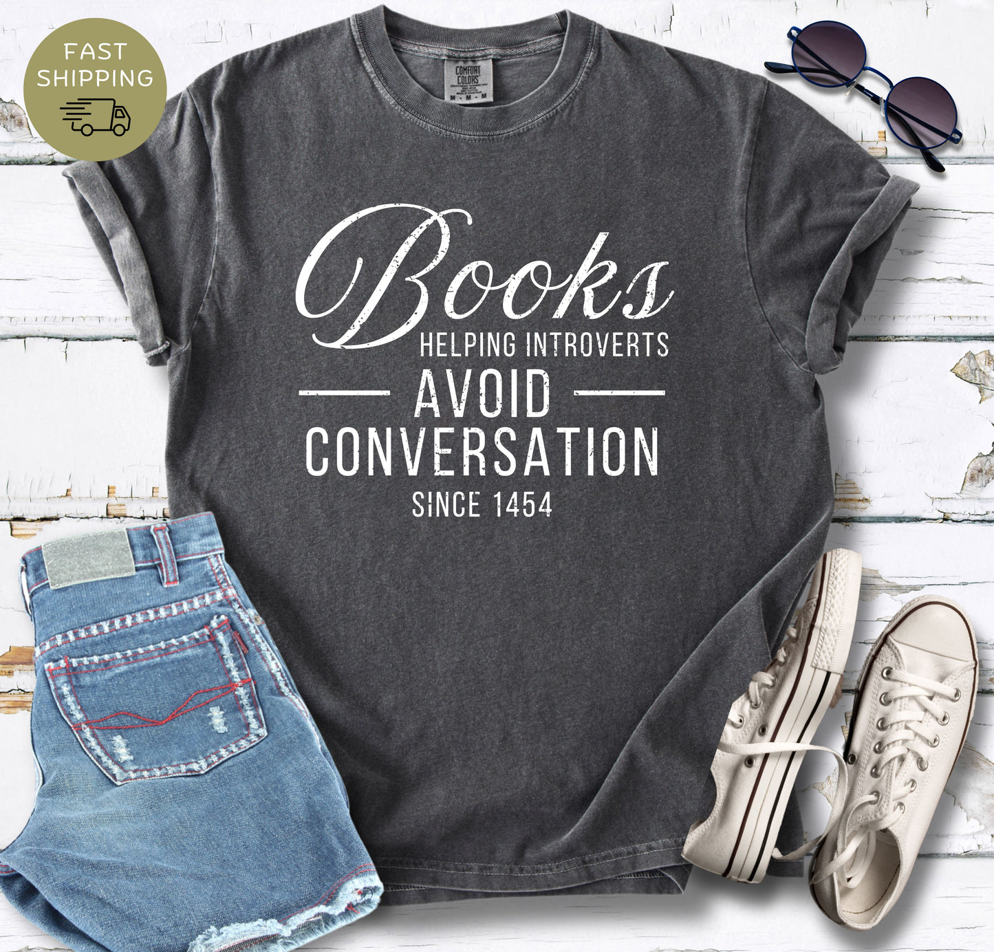 Cozy reader shirt in Pepper featuring books helping introverts avoid conversation