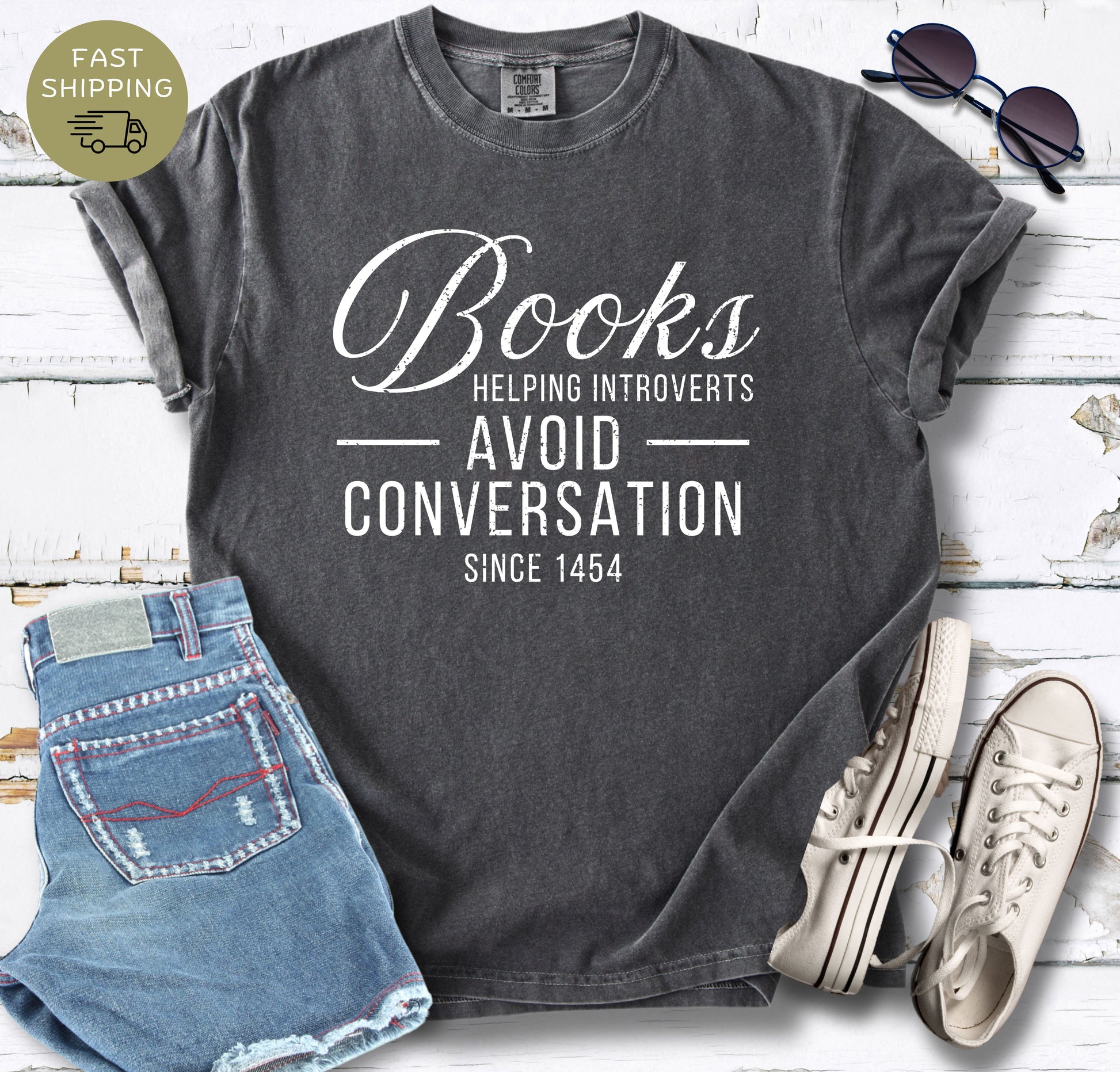 Cozy reader shirt in Pepper featuring books helping introverts avoid conversation