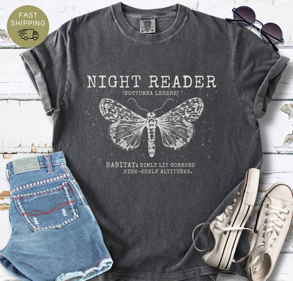 Dark academia book lover shirt with moth and night reader text
