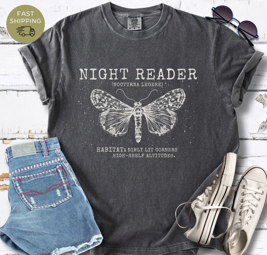 Dark academia book lover shirt with moth and night reader text