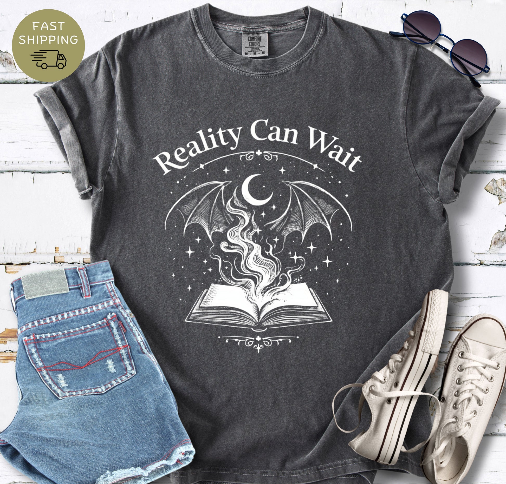 Reality Can Wait fantasy bookish t-shirt with open book and magical design on Comfort Colors 1717 pepper