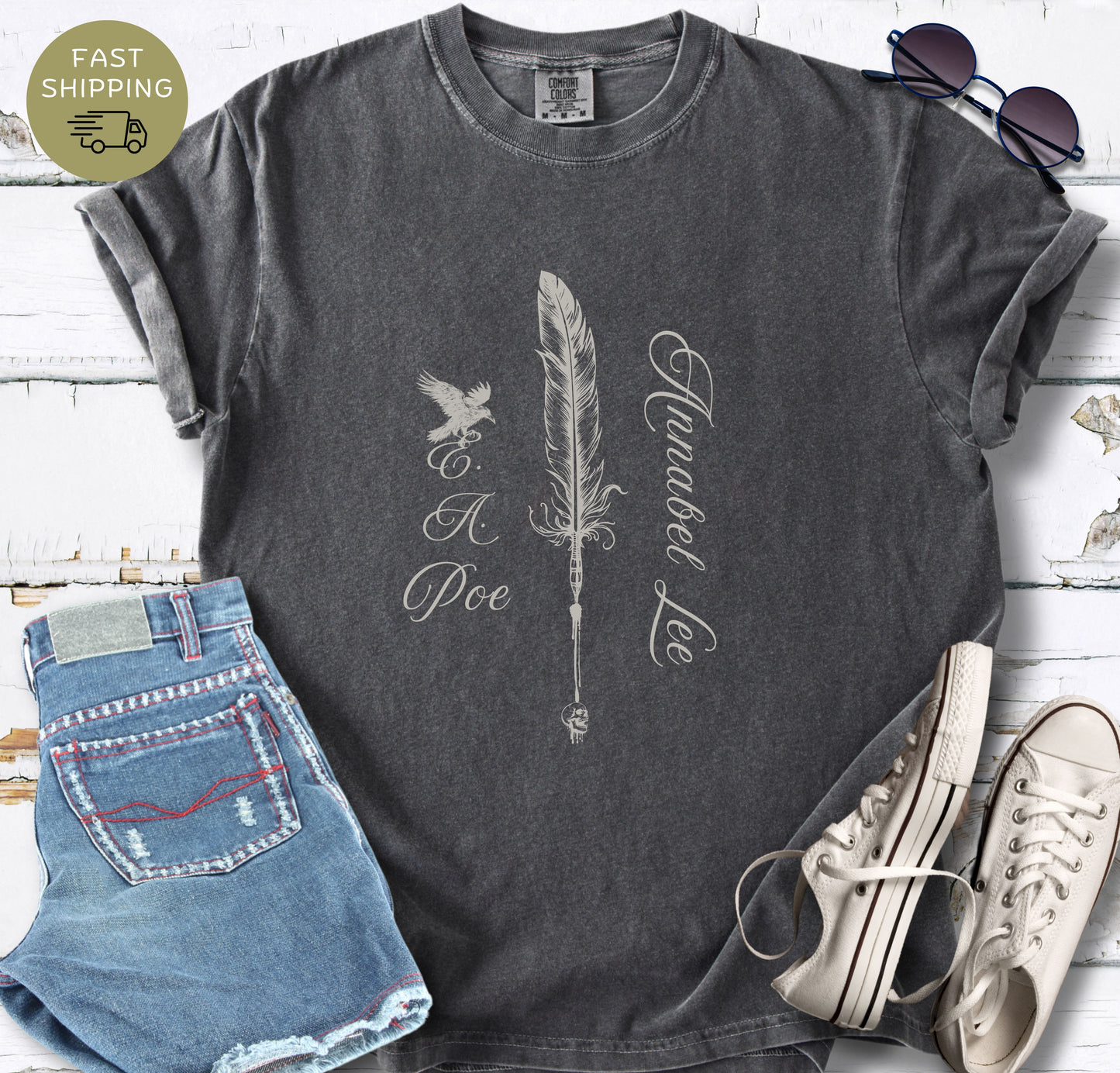 Gothic style reader t-shirt with feather pen and bird design