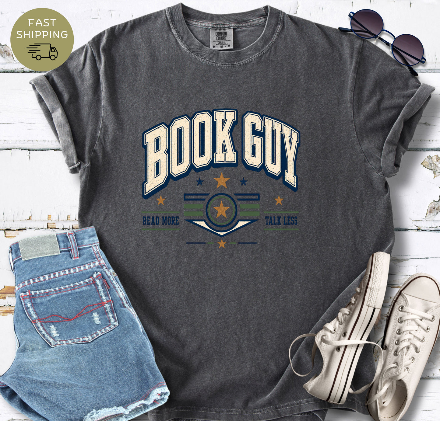 Pepper bookworm shirt with bold varsity bookish design