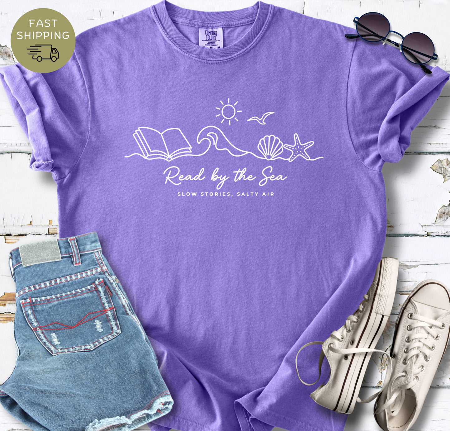 Summer reading shirt with ocean theme and relaxed beach vibe