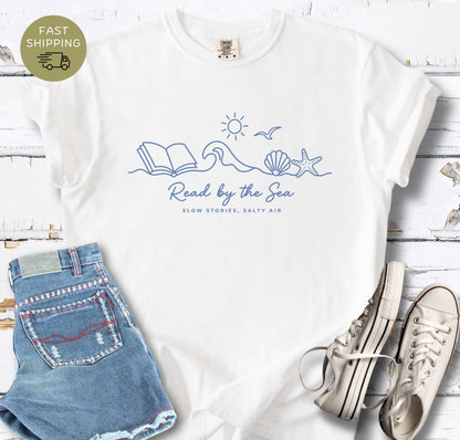 Comfort Colors 1717 beach reading shirt with wave and book illustration