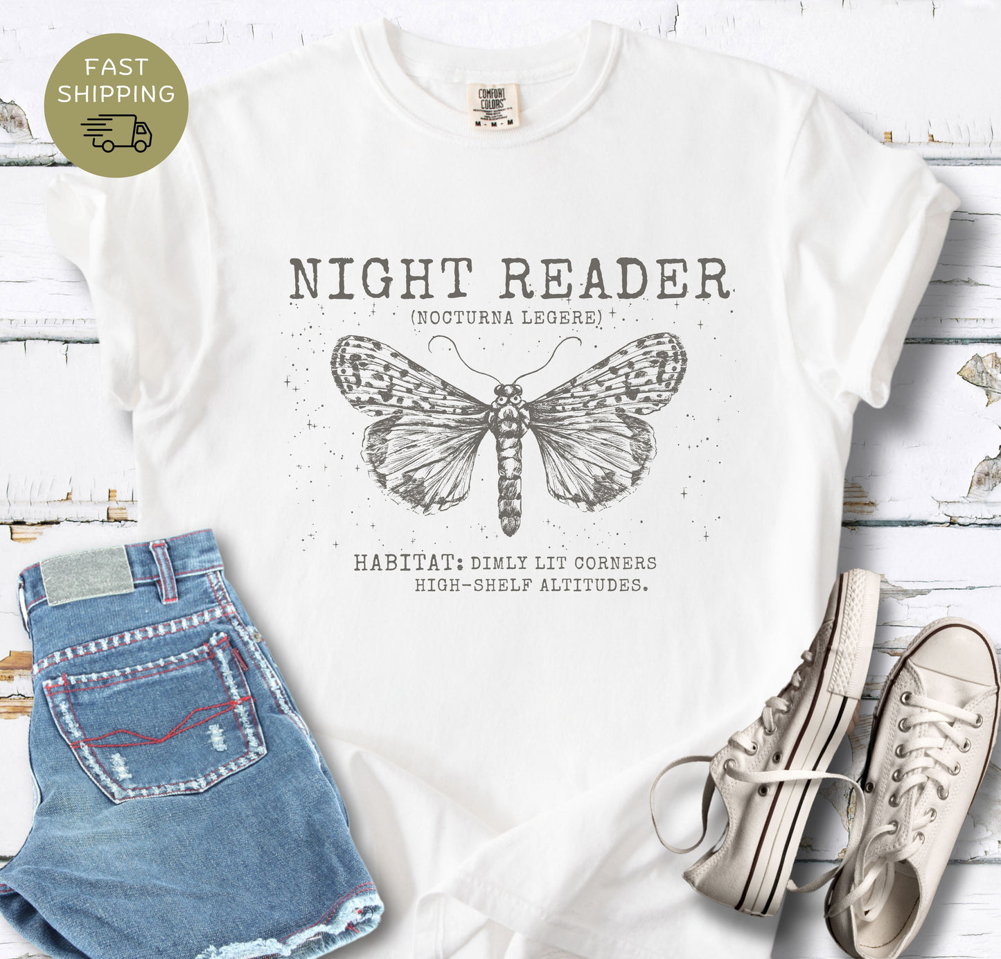 Gothic reader t-shirt with detailed moth artwork for late night book lovers