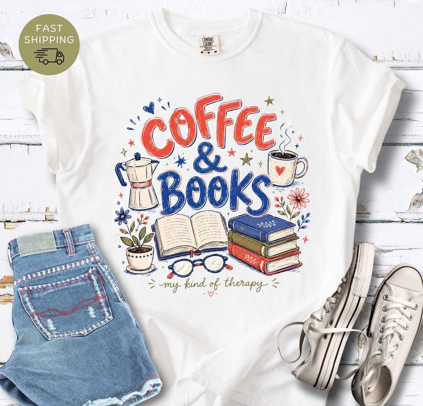 Cozy coffee and books graphic tee with “my kind of therapy” text for readers.