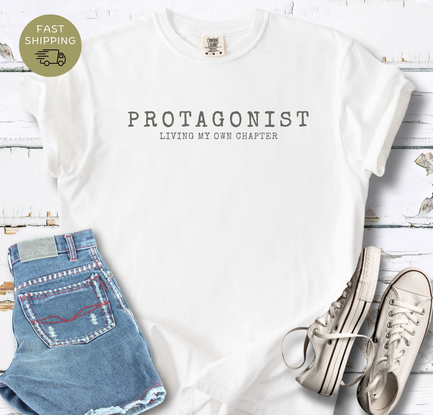 Comfort Colors white tee for book lovers embracing their own story