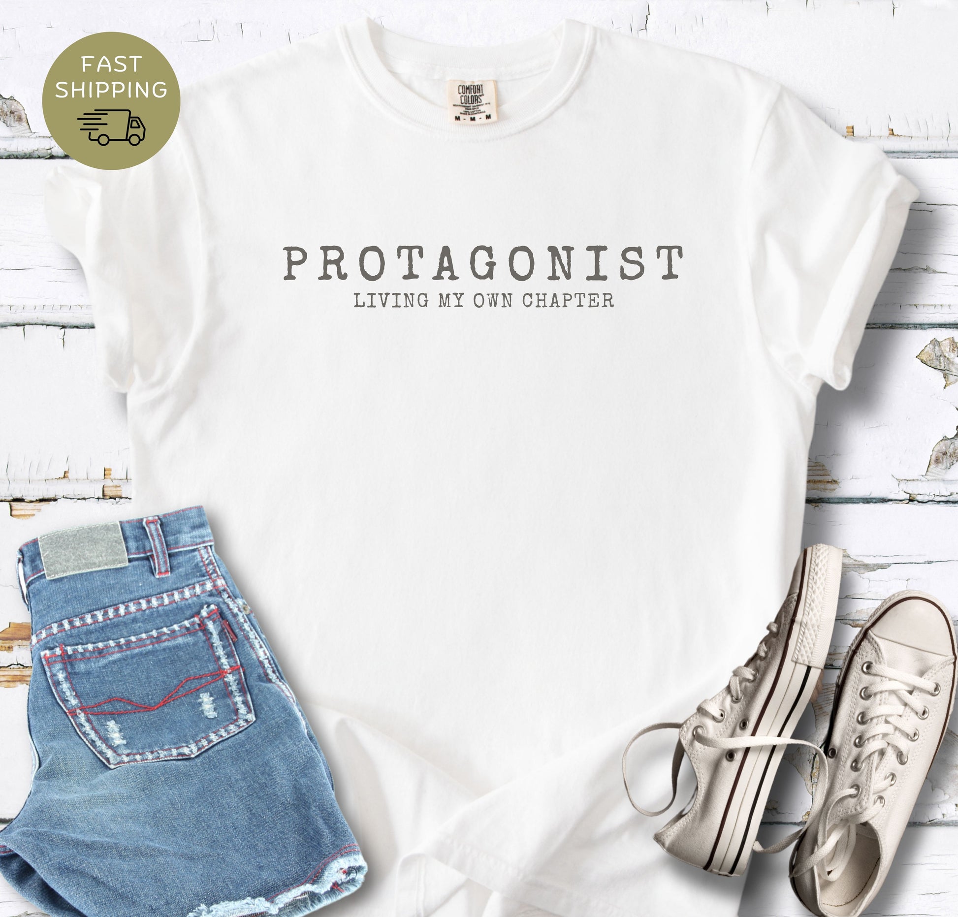 Comfort Colors white tee for book lovers embracing their own story