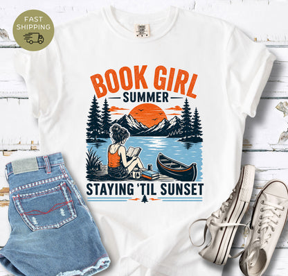 Summer book lover shirt with girl reading by a mountain lake illustration
