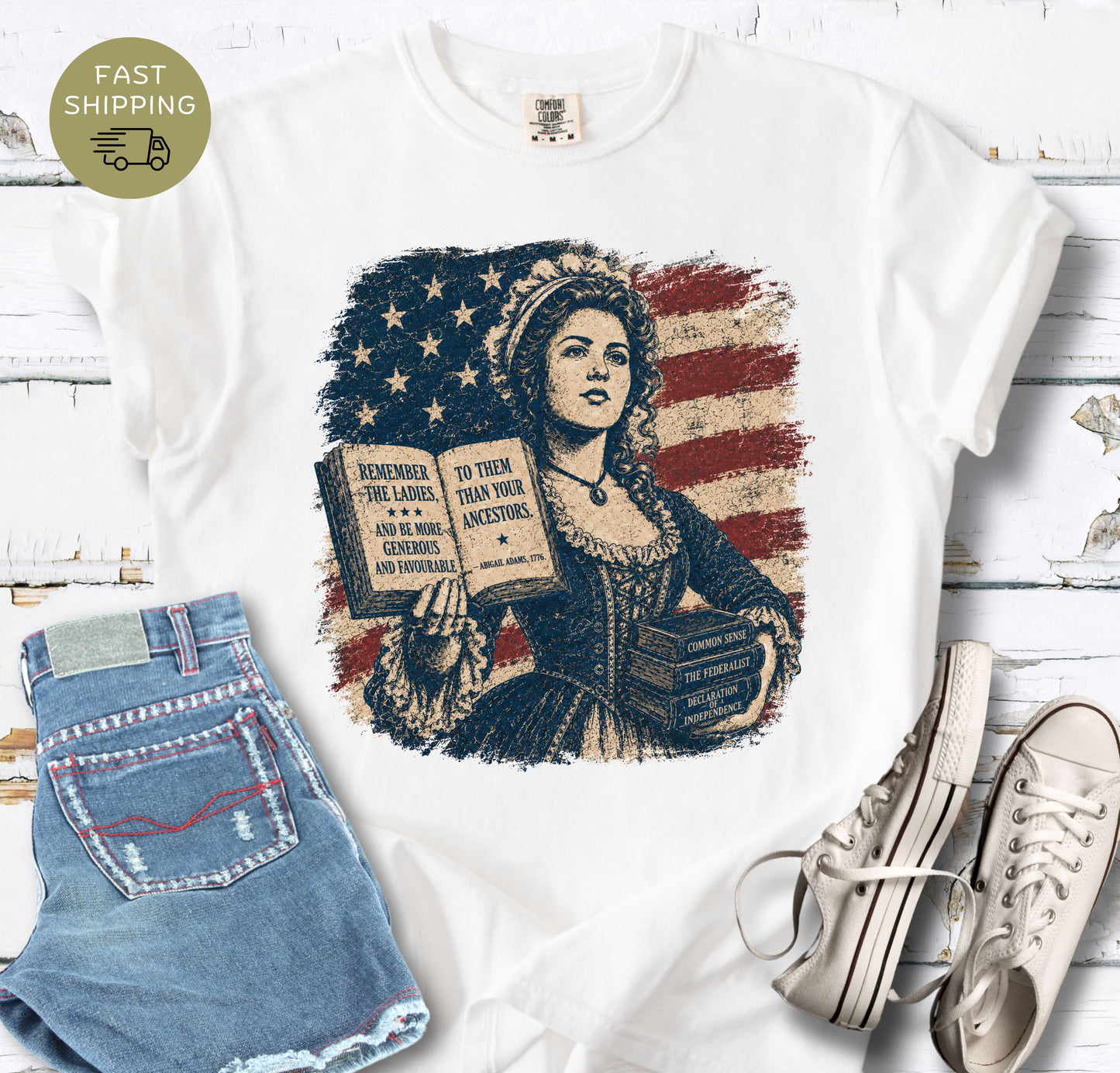 Abigail Adams-inspired reader shirt featuring the 1776 Remember the Ladies message.