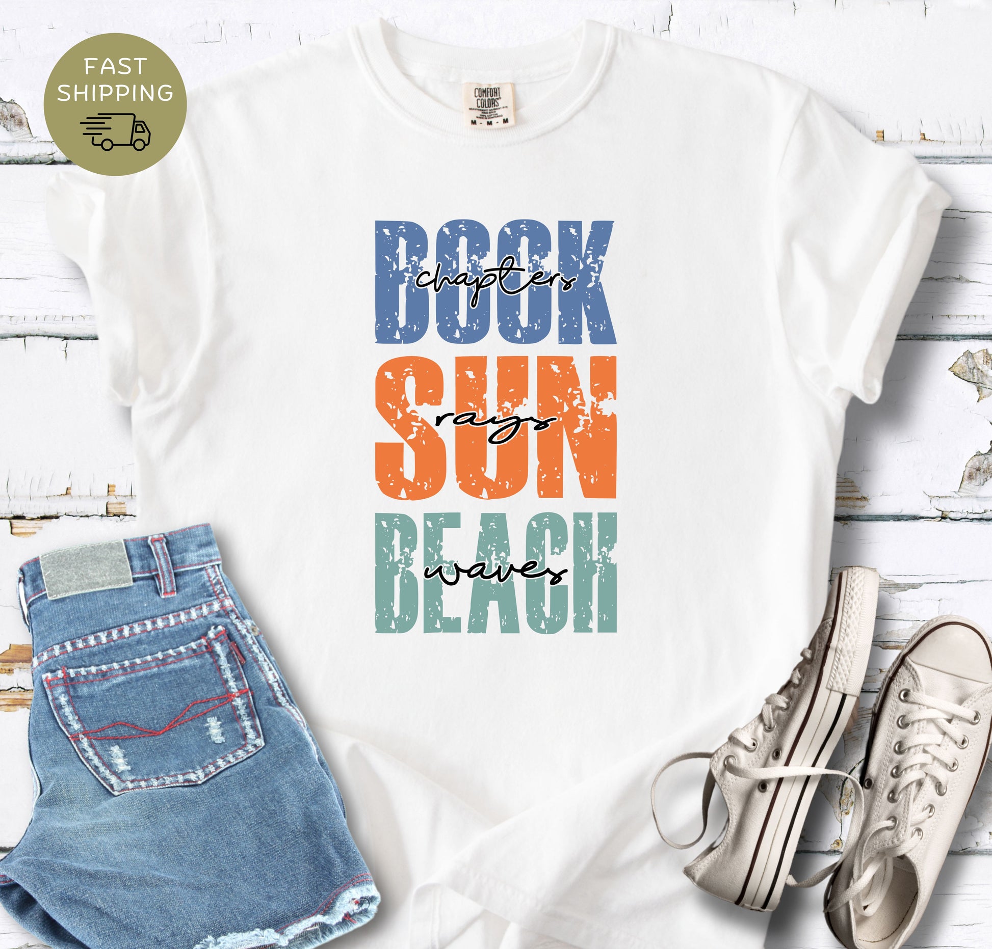 Comfort Colors 1717 coastal reading tee with book sun beach graphic