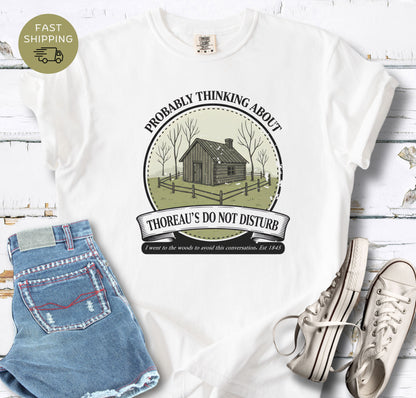 Vintage style book lover tee with Thoreau inspired cabin badge design