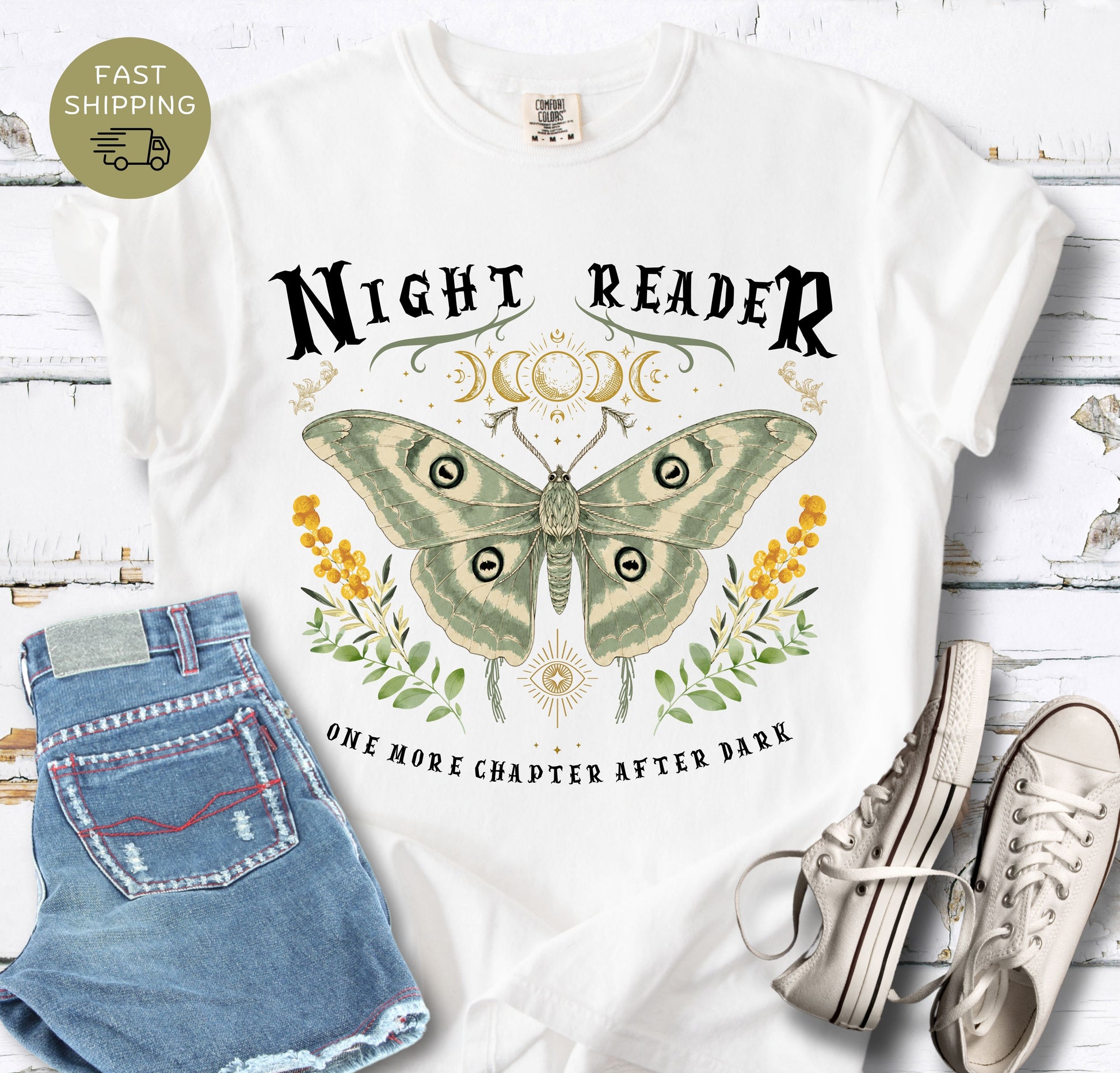 Relaxed-fit bookworm T-shirt for late-night readers who love one more chapter after dark.