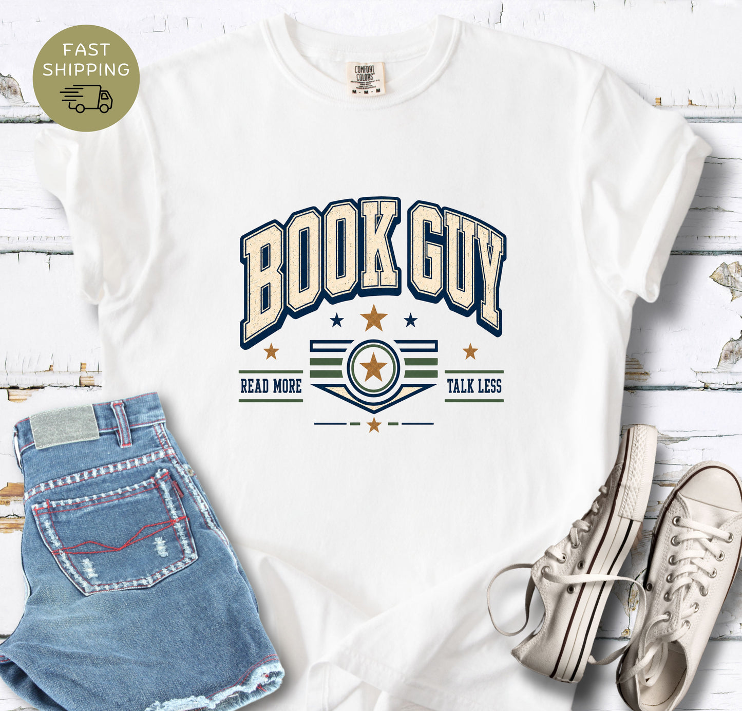 Book guy shirt with vintage varsity lettering on blue Comfort Colors tee