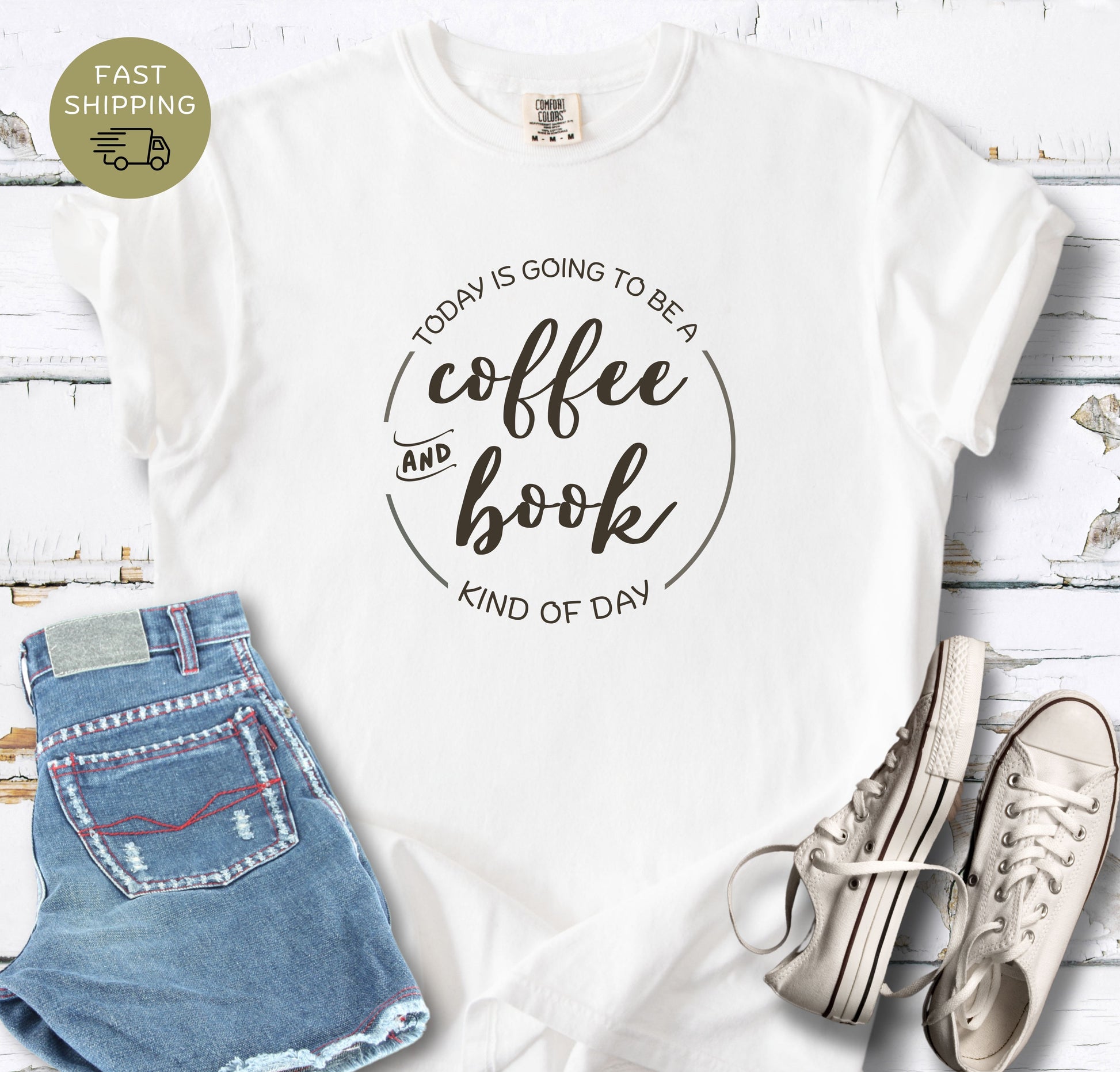 Comfort Colors white tee for coffee lovers and cozy readers