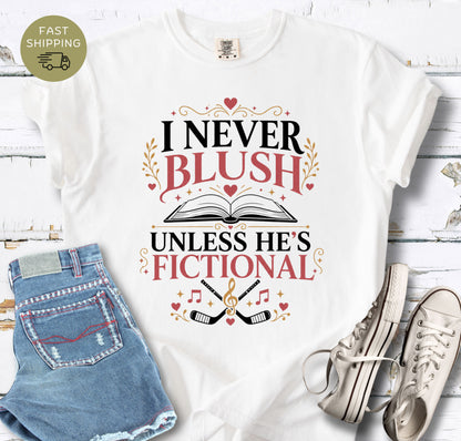 White romance reader shirt with open book, hearts, and hockey sticks graphic