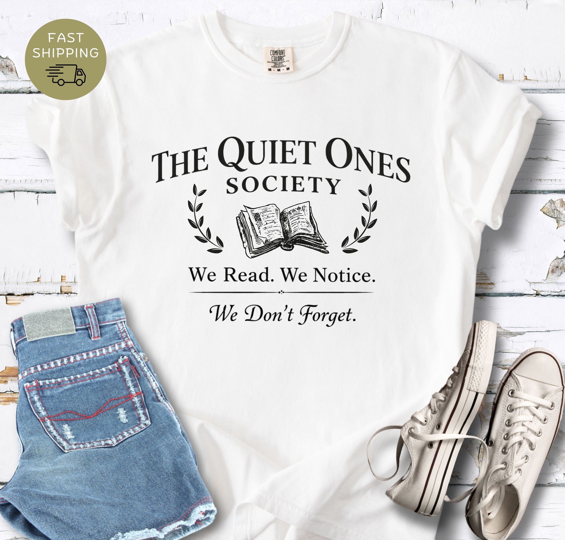Dark academia reading club shirt with “The Quiet Ones Society” text