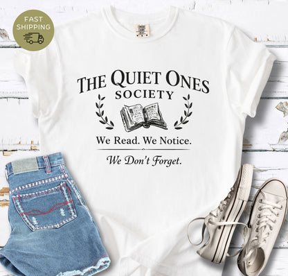 Dark academia reading club shirt with “The Quiet Ones Society” text
